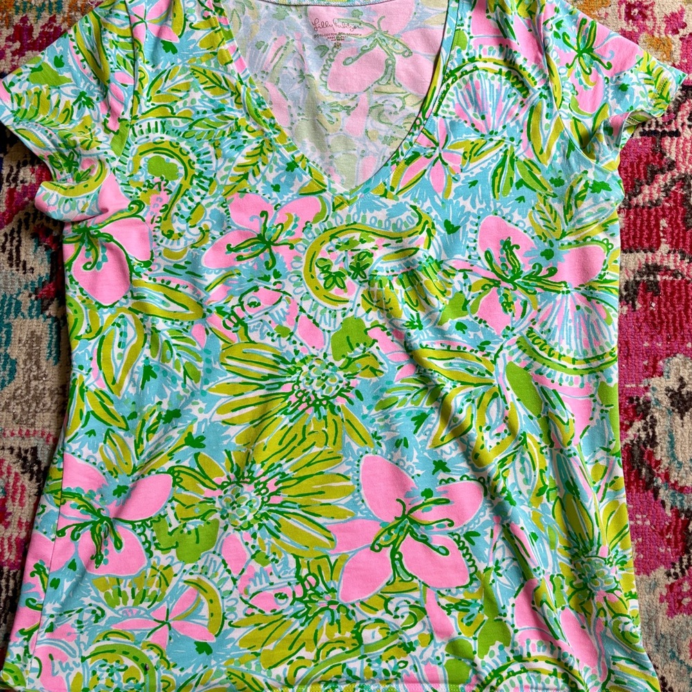 Lilly Pulitzer Pink, Green & Aqua Floral V-Neck Tee